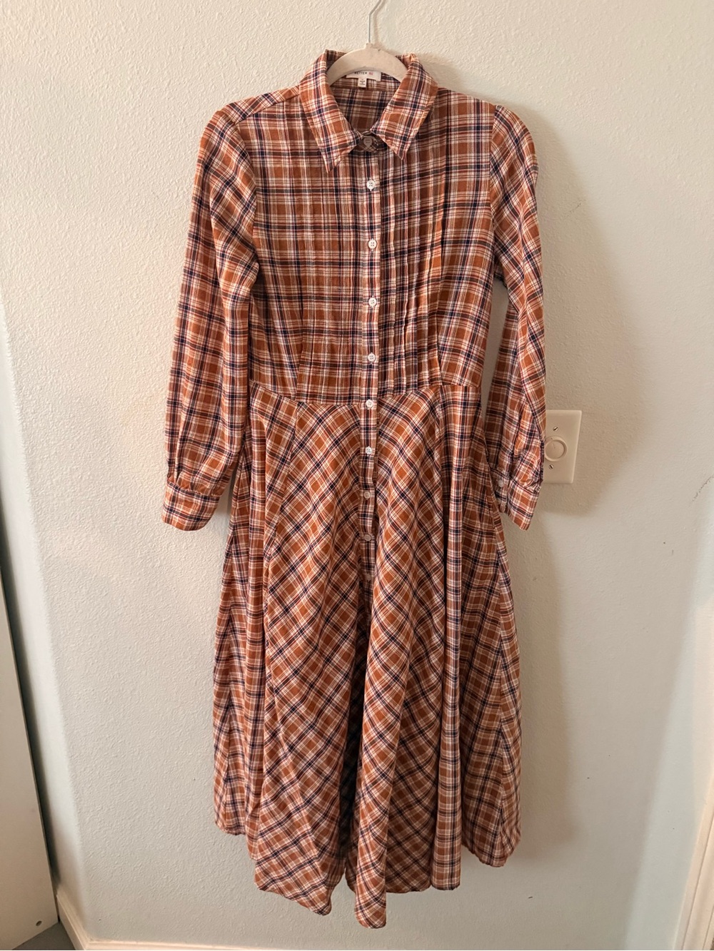 Better Be Plaid Long Sleeve Collared Midi Dress in Brown and Cream